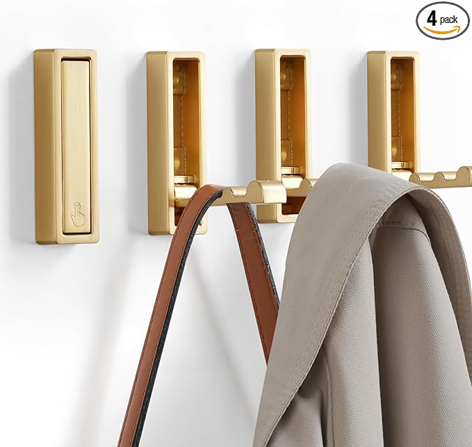 Folding Coat Hooks, 4Pcs Foldable Heavy Duty Wall Hooks Zinc Alloy No Rust Fold Up Hooks for Coat, Towel, Key, Hat, Bag, Jacket, Backpack. (Gold)