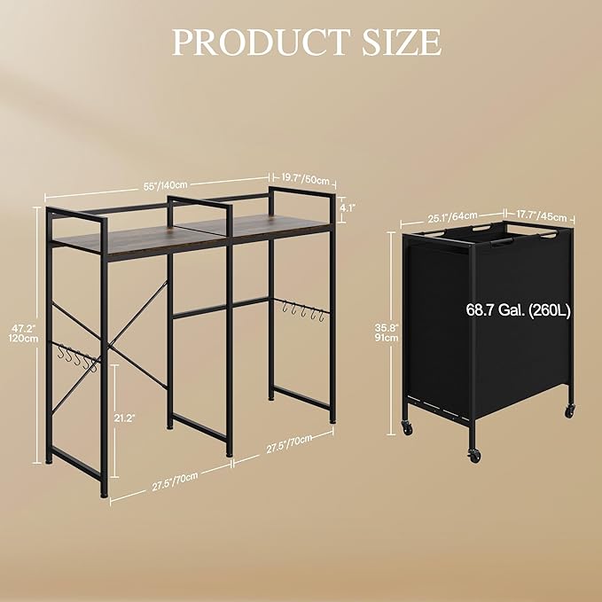 DWVO Over Washer and Dryer Shelves, Standing Shelf with Wheels 68.7 Gal Rolling Laundry Hamper with Shelf/Hooks, Over Washer Storage Portable Laundry Cart Bathroom Organization, 55" H x 47.20" W