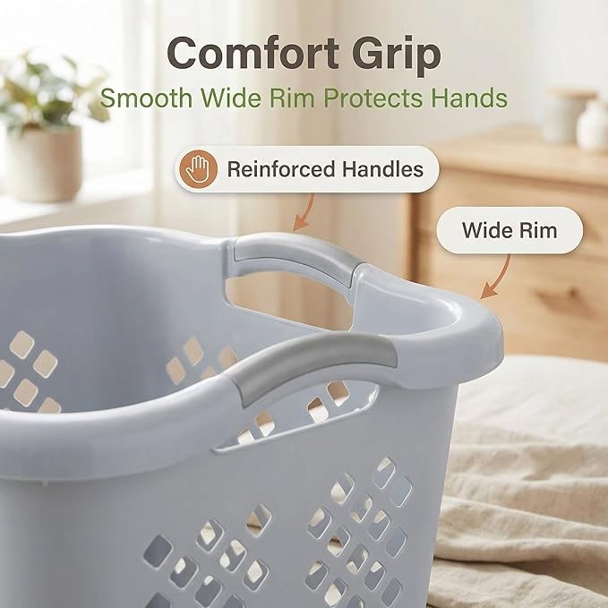 2-Pack Ultra Easy Carry Plastic Laundry Hamper, 2 Bushel Lamper Plastic Laundry Basket with Silver Handles,Dirty Clothes Laundry Hamper Bin for Home, Apartment (White)