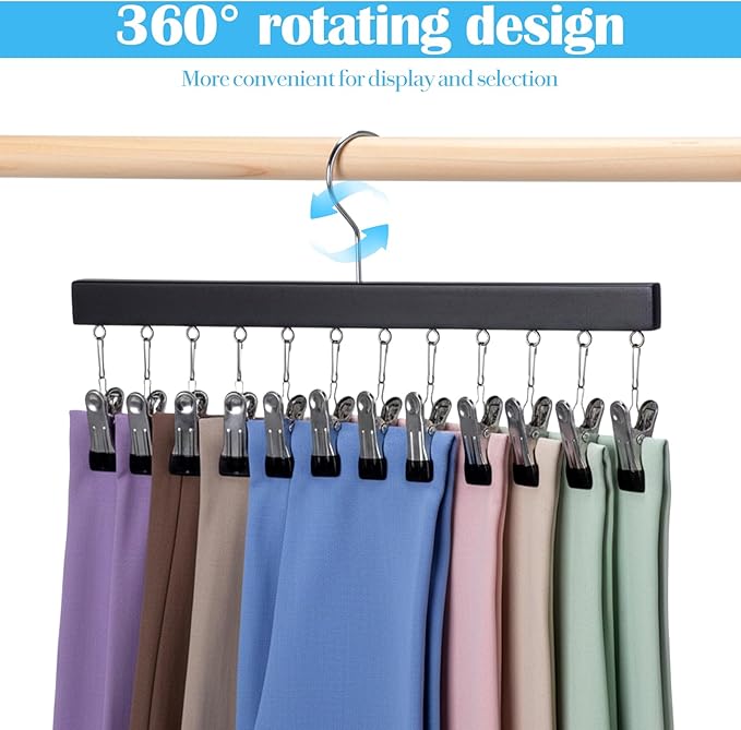 Legging Organizer for Closet 4 Pack, Pants Leggings Hangers with 12 Clips, Holds 48 Pants, Jeans, Hats, Shorts, Socks, 360° Rotating Space Saving Hanging Clothes Organizer for Closet Storage