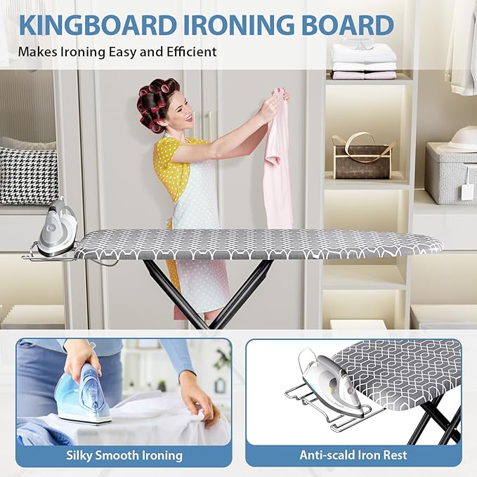 KINGBOARD Foldable Ironing Board Full Size, Iron and Ironing Board Set Standard Size, Iron Boards with Ironrest & Adjustable Height,Heavy Duty Iron Table Stand with Metal Legs &Thick Cover,43x13 Gray