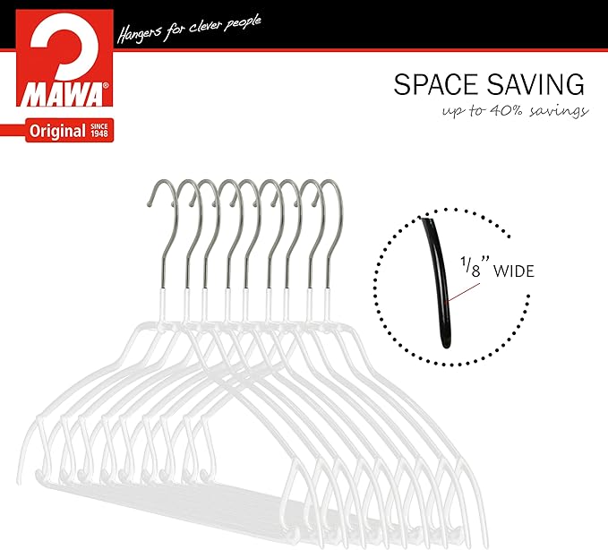 Mawa by Reston Lloyd Silhouette Ultra-Thin Series, Non-Slip Space Saving Shirt Hanger with Pant Bar & Skirt Hooks, Style 42/FTU, Pack of 130, White