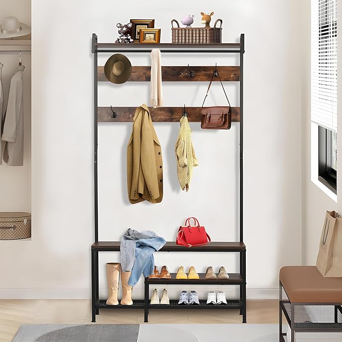 Hall Tree With Bench and Shoe Storage, 5 in 1 Entryway With Coat Rack, 71'' Industrial Wooden Metal Coat Tree With 14 Hooks, Shoe Storage and Wall Rack for Hallway Mudroom Bedroom (Rustic Brown)