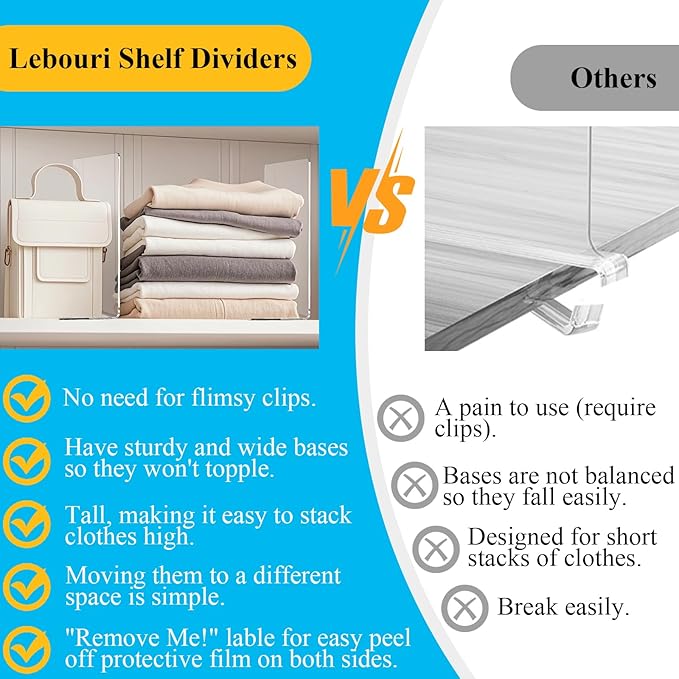 Shelf Dividers for Closet Organization: 10" Tall x 12" Deep Acrylic Closet Shelf Dividers for Clothes Sweater Purse - Clear Organizers and Storage Separators for Home Space Saver Enthusiasts