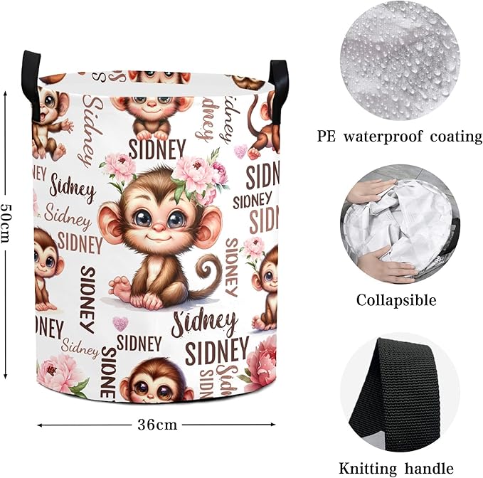 Large Custom Name Laundry Hamper, Monkey Personalized Dirty Clothes Hamper Storage Basket with Name for Bathroom Bedrooms, Customized Name Circular Hamper with Handles for Baby Boys Girls Men Women