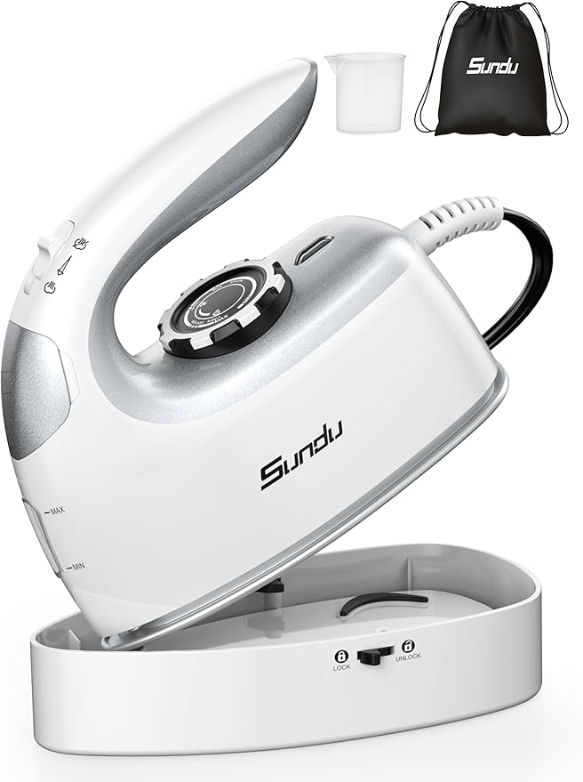 Sundu Small Iron for Clothes with Steam,Travel Iron Portable Non-Stick Soleplate Steamer for Quilting & Sewing,300 Microsteam Holes,90ml Water Tank,Lockable Safety Base-Silver