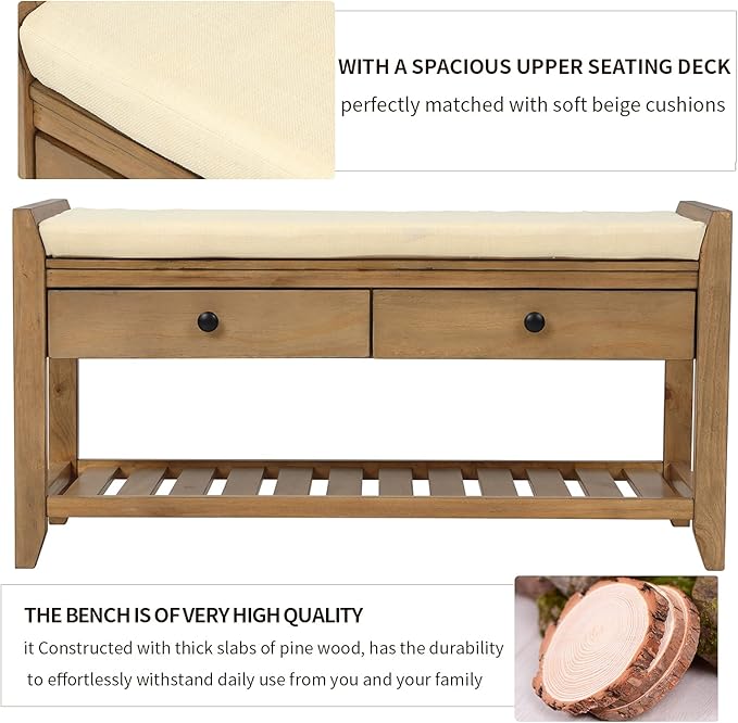 Harper & Bright Designs TREXM Shoe Rack with Cushioned Seat and Drawers, Multipurpose Entryway Storage Bench (Old Pine)