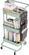 DTK 3 Tier Metal Utility Rolling Cart with Table Top and Side Bags, Metal Tray Storage Organizer Cart with Wheels, Art Craft Cart with 4 Hooks for Kitchen Bathroom Office Living Room (Green)