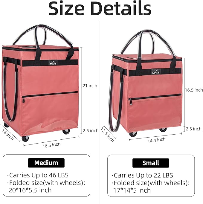 Reusable Grocery Bag on Wheels, Rolling Shopping Bags with Wheels and Handle, Folding Rolling Tote Trolley, Zipper Cover, Carries Up to 22 LBS, Easy Transportation (Small, Pink)