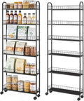 Slim Storage Cart with Wheels, 6-Tier 6in Black Narrow Rolling Shelf,Sturdy Slim Storage Ideal for Kitchen, Bathroom, and Laundry Room