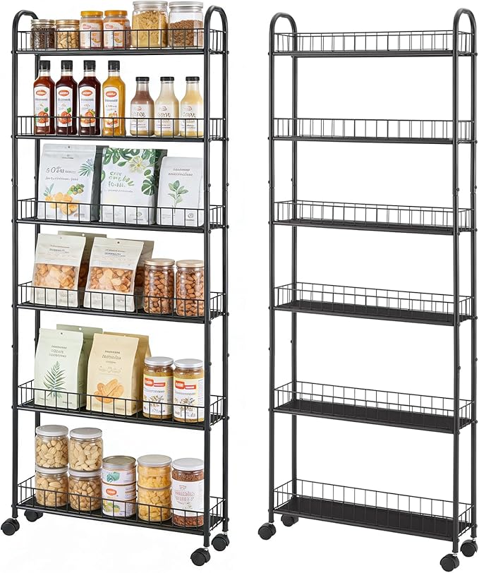 Slim Storage Cart with Wheels, 6-Tier 6in Black Narrow Rolling Shelf,Sturdy Slim Storage Ideal for Kitchen, Bathroom, and Laundry Room