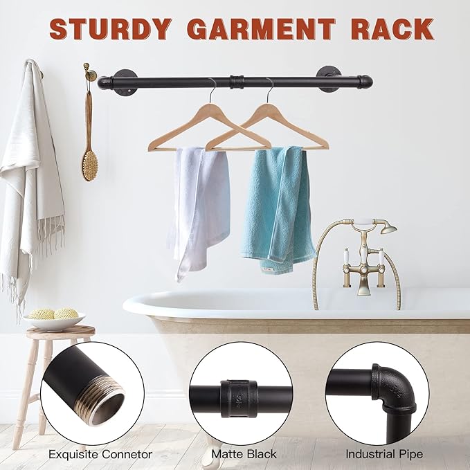Wall Mounted Clothes Rack - 36" Industrial Pipe Clothing Garment Rack, Space - Saving Heavy Duty Detachable Black Iron Clothes Organizer, Multi-Purpose Hanging Rod for Closet Storage, 2 Base