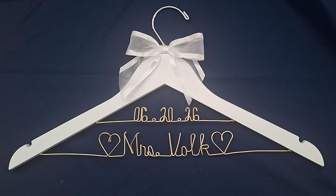 Bride Wedding Dress Hanger Gold Wire Writing, Personalized, Mrs., Choice of 10 Bow Colors - Bride Name - Quality White or Dark Wood Hanger with Notches - Bridal Gift with or Without Wedding Date