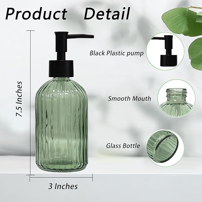 Striped Hand Soap Dispenser, 13.5oz Green Glass Soap Dispenser with Black Plastic Pump, Elegant Refillable Countertop Hand Liquid Dispenser for Kitchen, Bathroom, Dish Soap, Lotion (2 Pack)