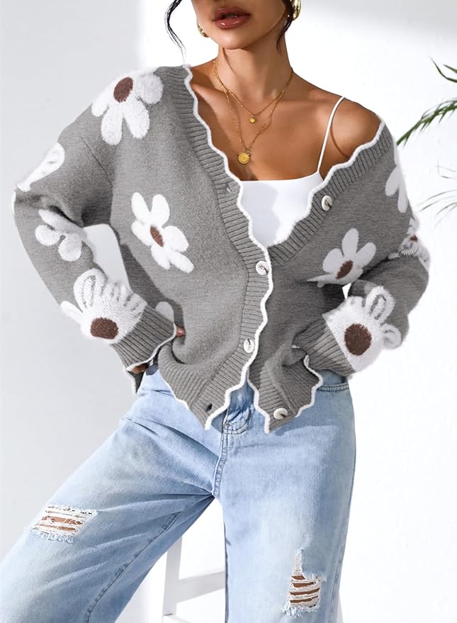 Pink Queen Fuzzy Sweater Cardigan for Women 2025 Fashion Long Sleeve Flower Outerwear Button Down Open Front Cardigan Coat