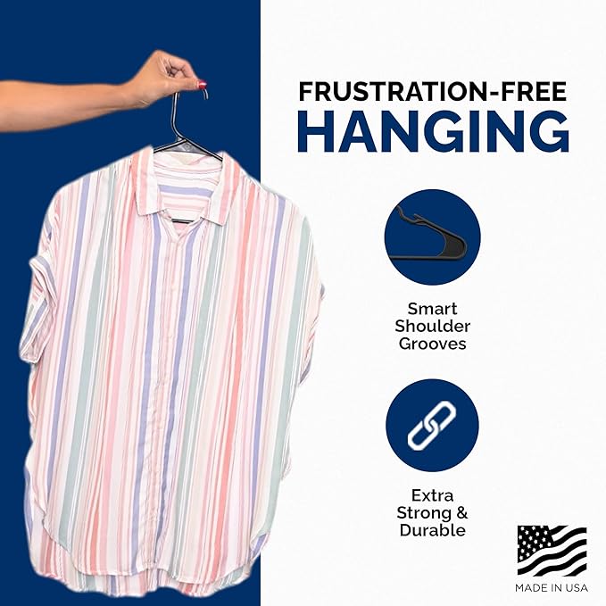 Plastic Hangers 50 Pack - Space Saving Clothes Hangers, Made in USA, Durable & Strong Plastic Shirt & Coat Hanger with Notches & Shoulder Grooves, Non-slip Clothing Hangers | Black