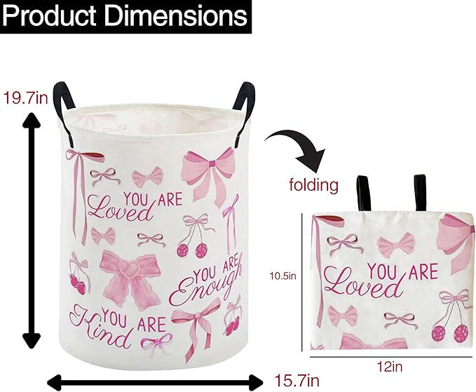 ESSME Kids Laundry Basket,Pink Hamper Collapsible Canvas Waterproof Storage Bin for Girls, Cute Hamper,Gift Baskets(bow)