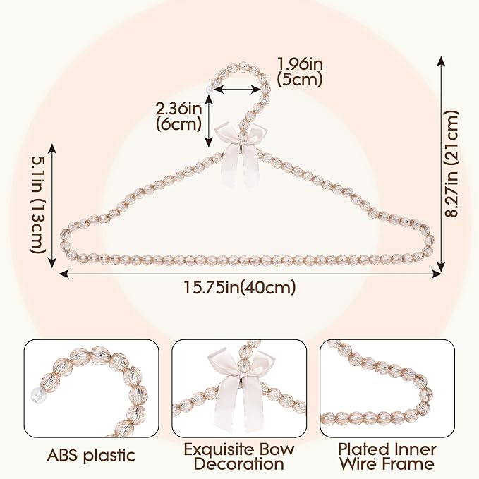 Beaded Clothes Hangers with Satin Bow – Set of 5, 15.7" Non-Slip Bead Hangers for Wedding Dresses, Boutique Display & Closet Decor – Champagne Gold