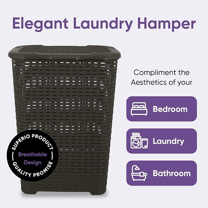 Plastic Laundry Hamper with Lid 3 Pack Laundry Hamper Basket, Brown Tall Cloths Hamper Organizer with Cut-out Handles. Space Saving for Laundry Room Bedroom Bathroom, Wicker Design 60 Liter