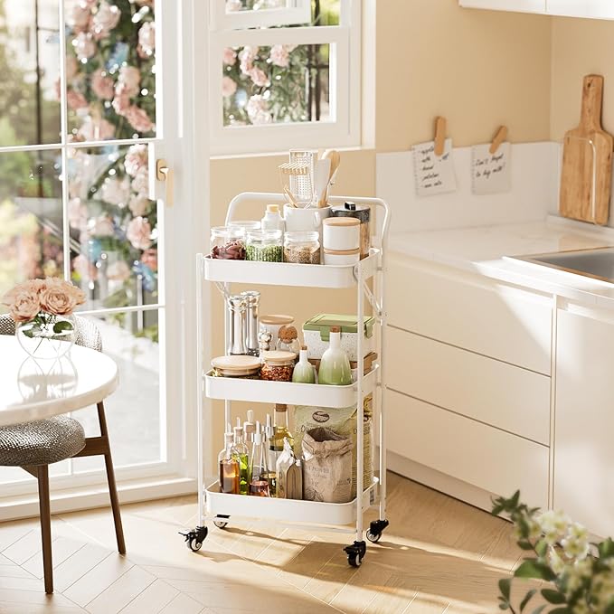 JAQ Foldable Rolling Cart, 3-Tier No Assembly Metal Utility Cart with Handle, Heavy Duty Folding Storage Trolley Organizer on Wheels for Kitchen, Office, Craft Art, Baby Diaper, Snacks, Books, White