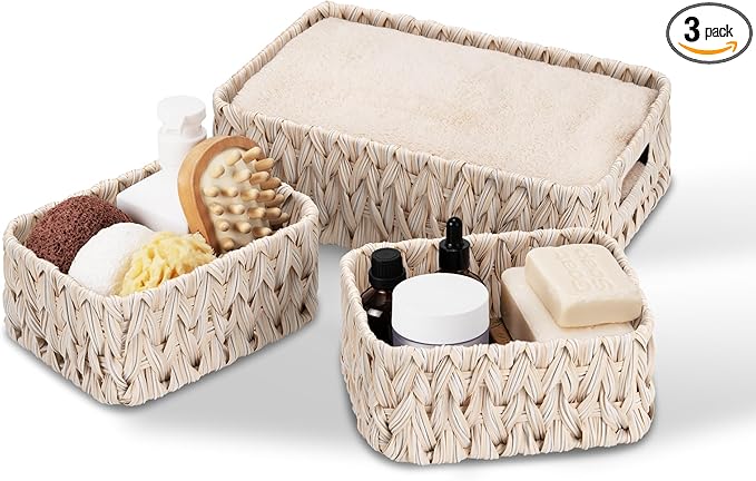 GRANNY SAYS Wicker Baskets for Storage, Wicker Storage Basket for Organizing, Small Woven Baskets, Waterproof Basket for Vanity, Home Decor, 3-Pack