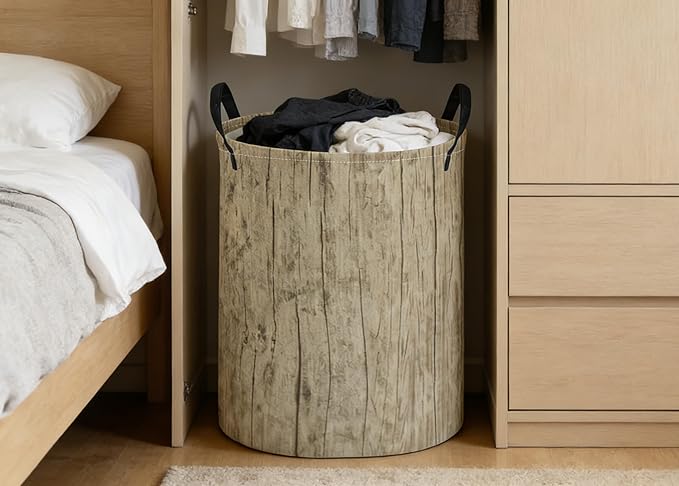 ESSME Kids Laundry Basket,Wood Hamper Collapsible Canvas Waterproof Storage Bin for Boys, Cute Hamper,Gift Baskets(Wood grain)
