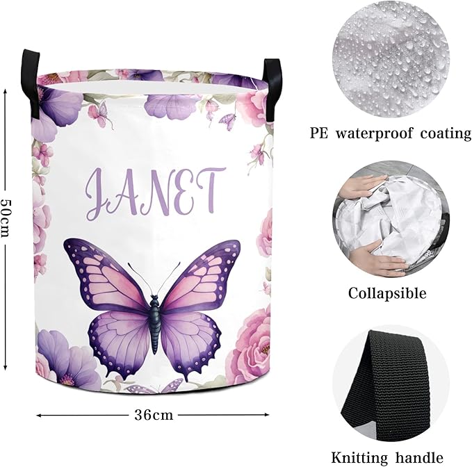 Large Custom Name Laundry Hamper, Butterfly Personalized Dirty Clothes Hamper Storage Basket with Name for Bathroom Bedrooms, Customized Name Circular Hamper with Handles for Baby Boys Girls Men Women