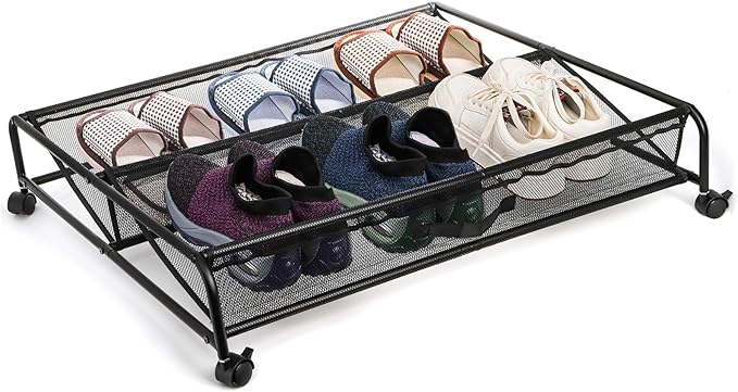Goaste Under Bed Shoe Storage Organizer with Wheels, Rolling Underbed Storage Containers, Metal Shoe Rack Drawer Space Saving for Bedroom Organization, Shoes, Toys (Black)