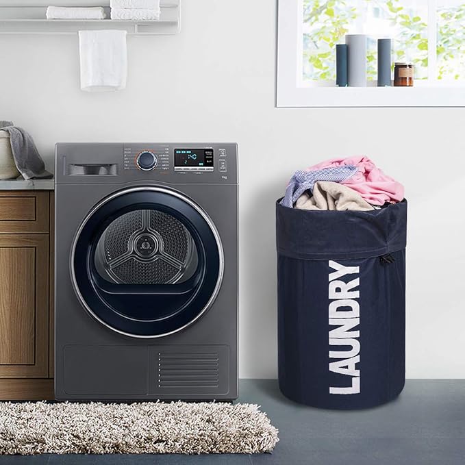 WOWLIVE Extra Large Foldable Laundry Bag Laundry Basket Collapsible Laundry Hamper Backpack Liner Dirty Clothes Hamper Standing Waterproof Hampers for Dorm Room(Dark blue)