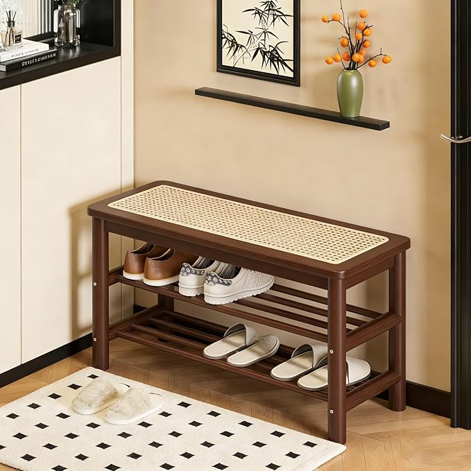 latifolia Shoe Rack Bench, 3-Tier Bamboo Shoe Bench with Breathable Rattan Seat Cushion, Shoe Storage Rack for Entryway(Walnut,23.62''L)