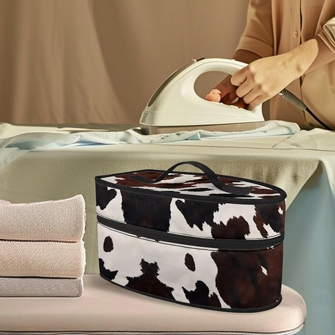 Brown Cow Print Clothes Iron Storage Case with Smooth Zipper Easy to Clean Wear-resistant Iron Portable Storage Bag Fits for Home Outdoor