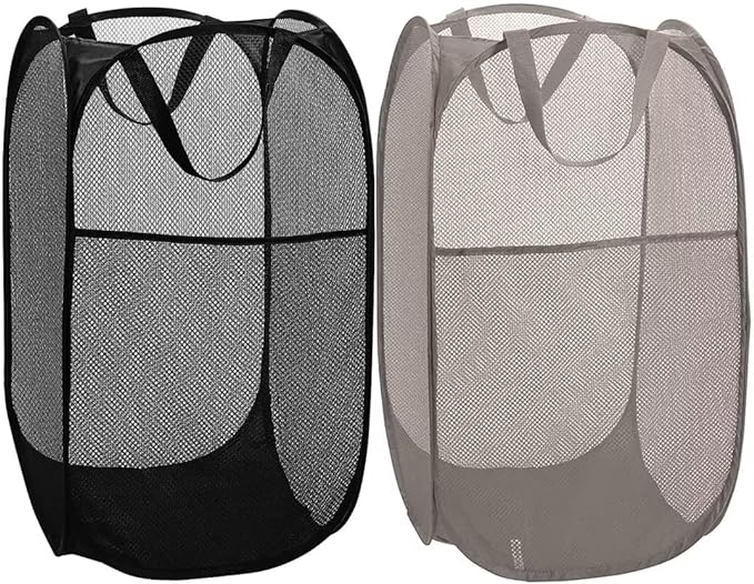 BATTOO Deluxe Strong Mesh Pop up Laundry Hamper Basket with Side Pocket Foldable Hamper for Laundry Room, Bathroom, Kids Room, College Dorm or Travel Black + Grey