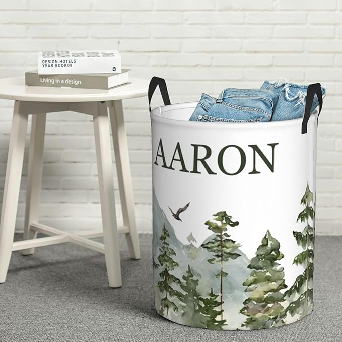 Personalized Laundry Basket for Nursery, Custom Nursery Laundry Hamper with Name, Customize Baby Clothes Circular Hamper for Boys Girls Room Decor, Mountain