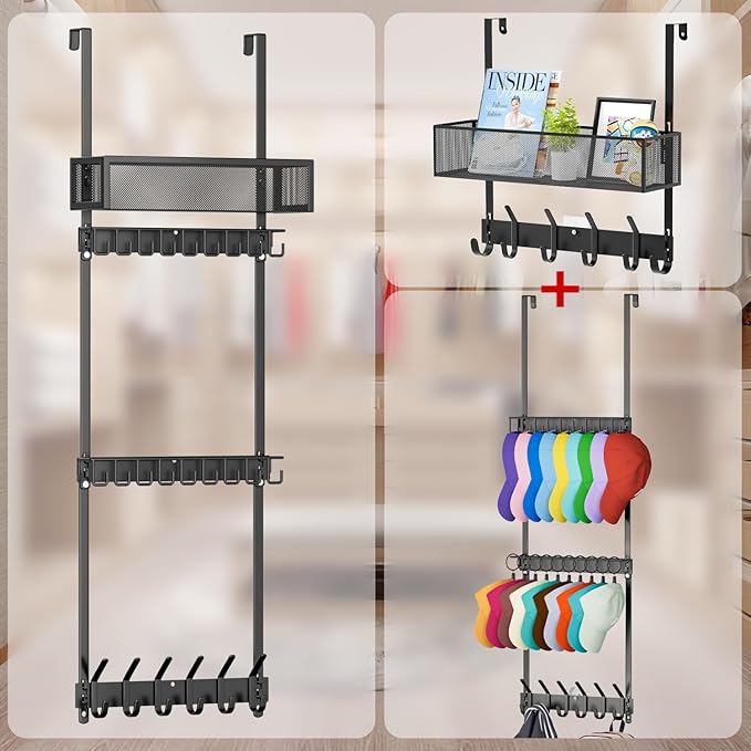 3 Tier Over Door Hat Rack with Basket - Hat Organizer Holder for Baseball Cap with 24 Hooks（2-Tier 9-Hook & 1-Tier 6-Hook）,Hat Hanger Storage Holds up to 24+ Caps for Door, Bedroom, Closet (Black)