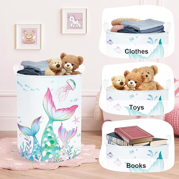 Fantasy Princess Laundry Hamper Colorful Large Storage Basket Collapsible Parents Organizer Kids Toy Clothes Bins for Bedroom, Bathroom, Mermaid, 63L