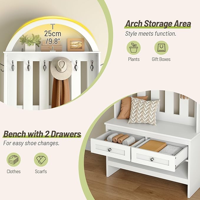 Hall Tree with Bench, Coat and Shoe Rack Entryway, Arched Entryway Organizer with 8 Hooks, Coat Rack with Shoe Bench and 2 Drawers for Hallway, Mudroom, Entryway, White