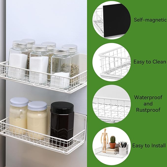 2 Pack Magnetic Basket for Fridge, Magnetic Spice Rack for Side of Refrigerator, Small Magnet Wire Bin Basket Fridge Shelf Organizer Kitchen Classroom Whiteboard Pantry Office Storage, White