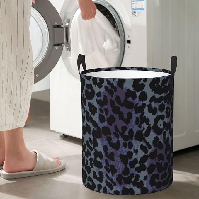 Black Grey Leopard Round Laundry Hamper Storage Basket Toys Clothes Organizer Bin For Home Bathroom Bedroom Dorm Nursery, 38l