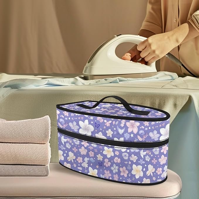 Purple White Floral Iron Portable Storage Bag for Travel Fade Resistant Protective Carrying Bags Compatible with Full-size Irons with Handle Zippered Bag Case Only