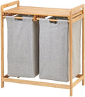 mDesign Freestanding Bamboo 2 Section Double Laundry Organizer Hamper with Removable Storage Sorter Bags, Space-Saving Basket Duo with Handles for Clothes/Linens - Echo Collection - Vintage
