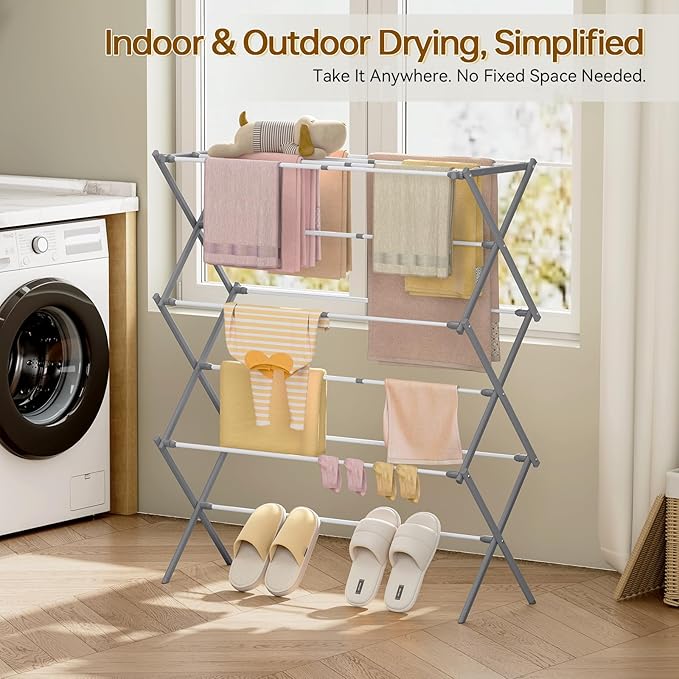 KINGBOARD Clothes Drying Rack, Collapsible Drying Rack Clothing with 11 Poles, 3-Tier Laundry Drying Rack, Small Clothes Drying Rack Foldable for Baby Clothes, 25lb Capacity, Grey