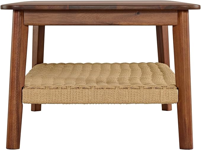 Alaterre Furniture Calais Coffee Table - 48-Inch Living Room Table with Woven Shelf - Solid Acacia Wood Coffee Table (Warm Chestnut)