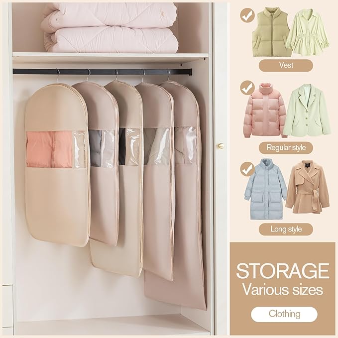 2 Packs Breathable Hanging Garment Bags for Clothes & Suits - 52" Fabric Suit Bags for Closet Storage, Garment Covers for Coats, Dresses, Jackets, Shirts, Wardrobe Protector (ecru)