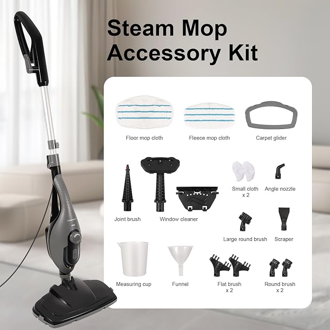 11-in-1 Steam Mop, 1550W Powerful Handheld Steam Cleaner, 260°F Multi-Functional Floor Steamer with 21.3FT Cord for Floors, Hardwood, Tiles, Grout, Windows, Kitchen, Bath, Adjustable (Grey)