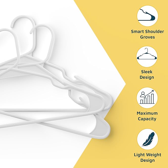 Lifemaster Plastic Clothes Hanger Set - 100 Pieces Versatile, Lightweight, Space-Saving, Non-Slip, Slim Designed, Dry and Wet Clothes Hanger Set - White