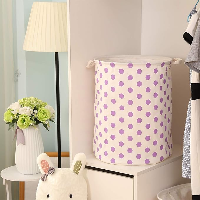 Sea Team 2-Pack 19.7 Inches Large Sized Waterproof Coating Ramie Cotton Fabric Folding Laundry Hamper Bucket Cylindric Burlap Canvas Storage Basket with Stylish Polka Dot Design (19.7", Purple)