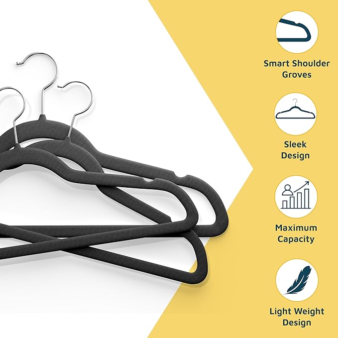 Lifemaster Velvet Non-Slip Plastic Hanger Set - 100 Pieces Non-Slip Clothes Hanger Set with 360° Swivel Hook, Space-Saving, Sleek Design, Smooth Velvet Finish, Lightweight Construction - Black