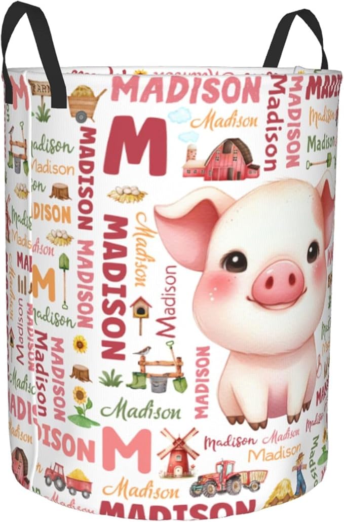 Personalized Farm Pig Laundry Basket For Baby Kids Boys Girls Adult Custom Hamper Basket With Name For Bathroom Bedrooms Collapsible Baby Laundry Basket, Dirty Clothes Hamper With Handles