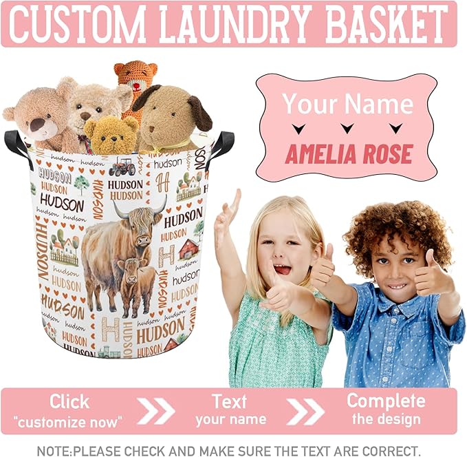 Highland Cow Laundry Basket,Custom Laundry Hamper with Name,Personalized Highland Cow Gifts for Boys Girls,Customize Collapsible Laundry Basket for Bedroom Bathroom,M-19.5"X 15.7"