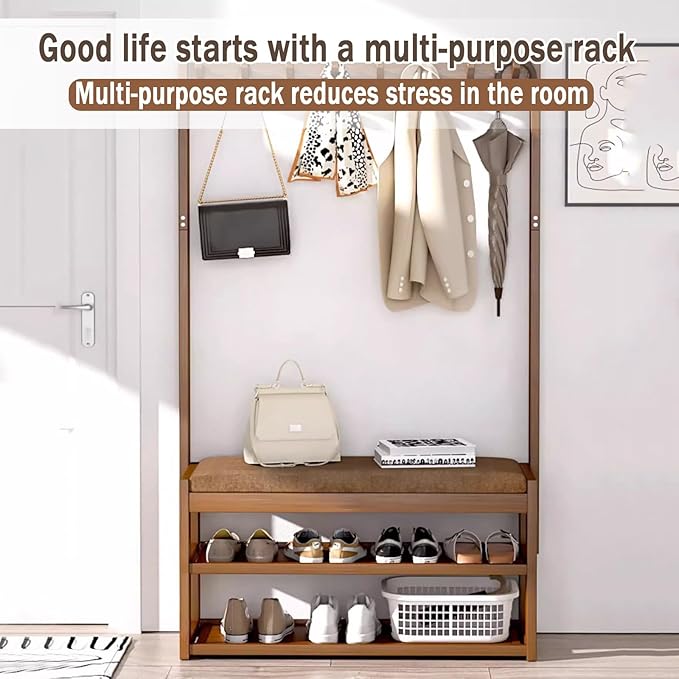 Hall Tree with Bench and Shoe Storage, Coat Rack Freestanding, Coat Hooks and Side Hooks, 5 in 1 Large Organizer, Sturdy Frame WithHooks for Entryway, Hallway(L63*W29CM/L24.8*W11.4IN)